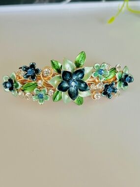 Floral Barrette, Hair Clip with Clear and Blue Rhinestones, Blue Green Flowers